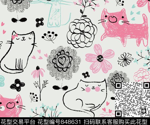 卡通可爱猫咪传统印花华亿平台下载（图片编号: 848631） - 瓦栏（Walan）
