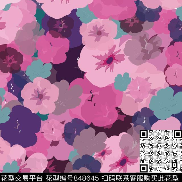 花卉大花叠加传统印花华亿平台下载（图片编号: 848645） - 瓦栏（Walan）