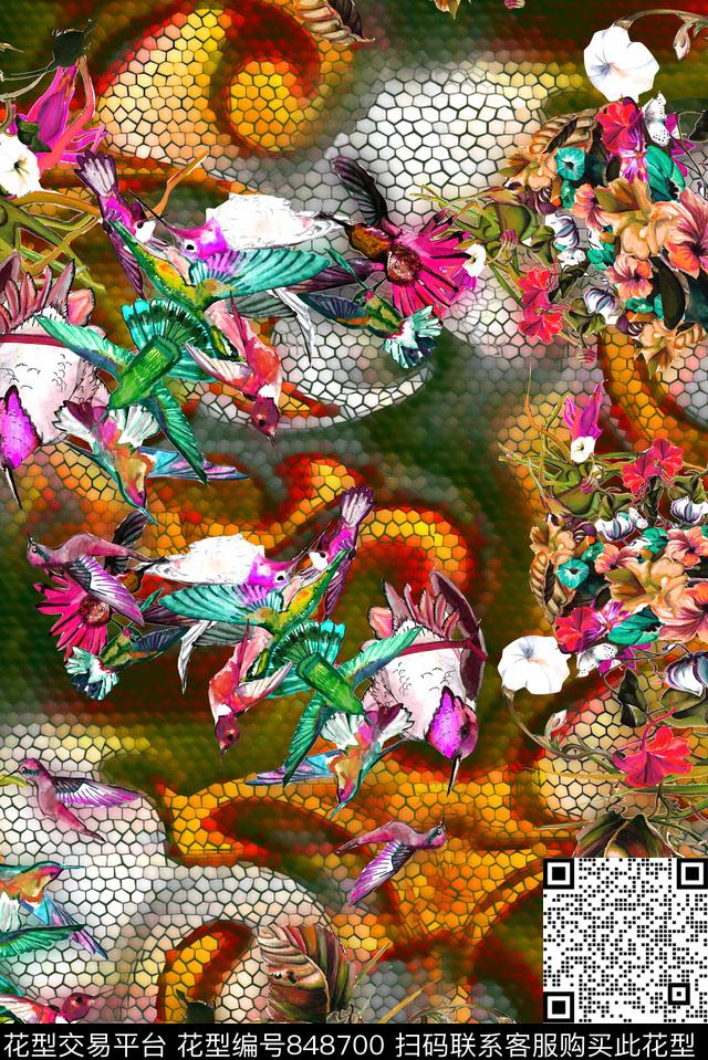 几何花朵鸟数码印花华亿平台下载（图片编号: 848700） - 瓦栏（Walan）