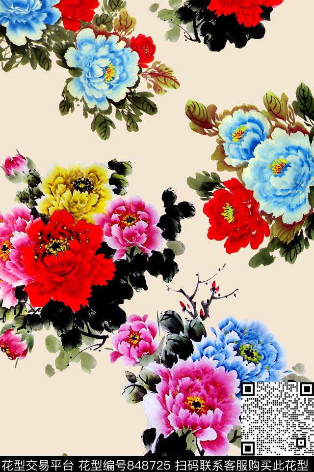 花卉水彩国画数码印花华亿平台下载（图片编号: 848725） - 瓦栏（Walan）