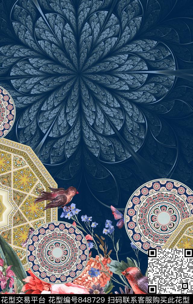 水彩花朵鸟数码印花华亿平台下载（图片编号: 848729） - 瓦栏（Walan）