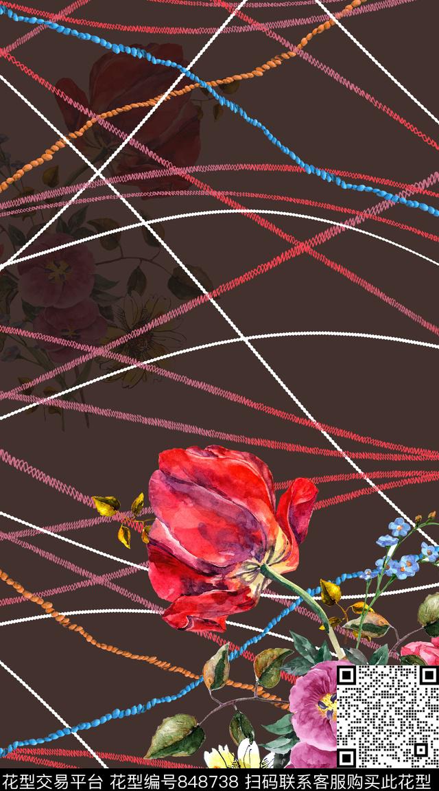 花朵水彩线条数码印花华亿平台下载（图片编号: 848738） - 瓦栏（Walan）
