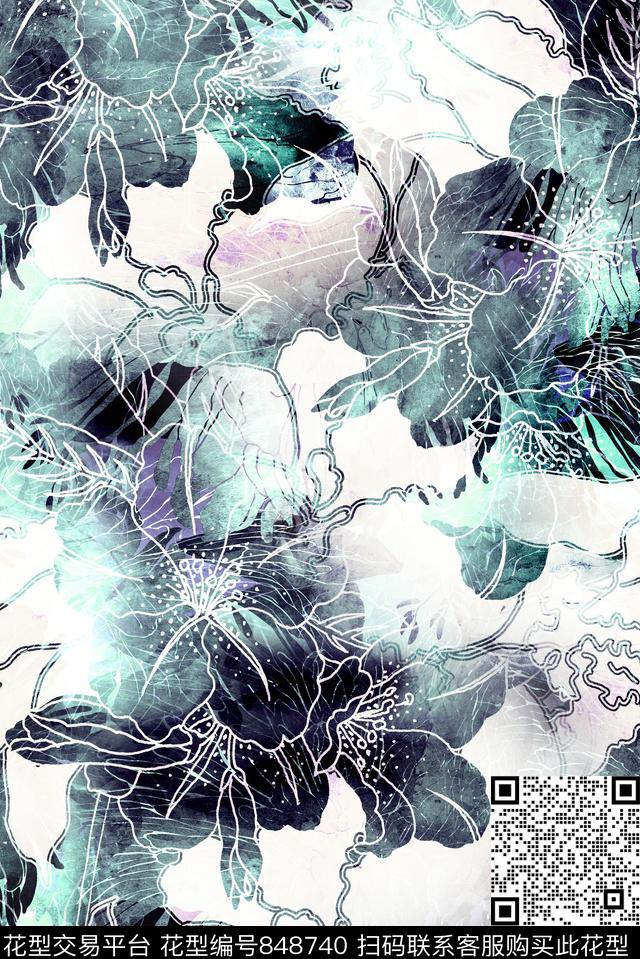 花朵纹路水彩数码印花华亿平台下载（图片编号: 848740） - 瓦栏（Walan）