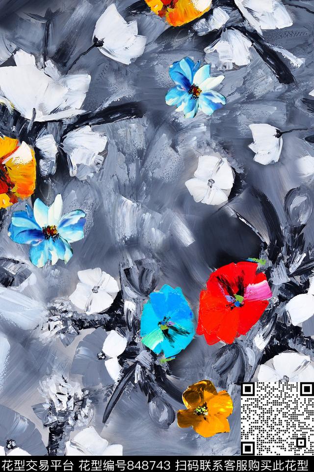 花卉油画碎花数码印花华亿平台下载（图片编号: 848743） - 瓦栏（Walan）