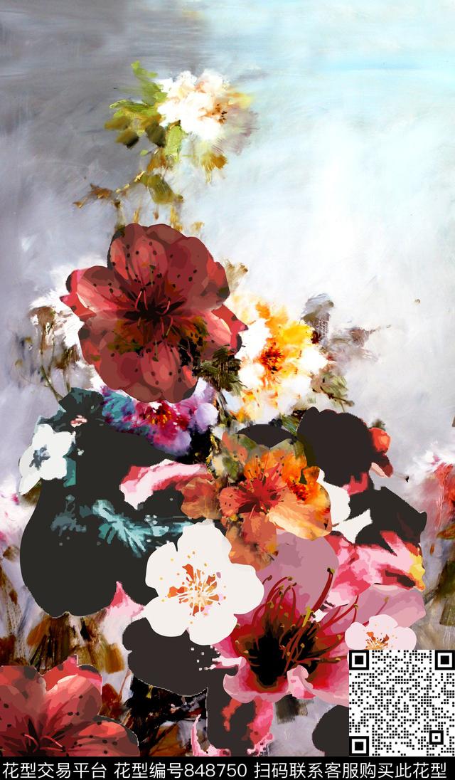 花卉油画水墨数码印花华亿平台下载（图片编号: 848750） - 瓦栏（Walan）