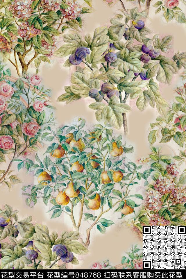 树枝水果树木数码印花华亿平台下载（图片编号: 848768） - 瓦栏（Walan）