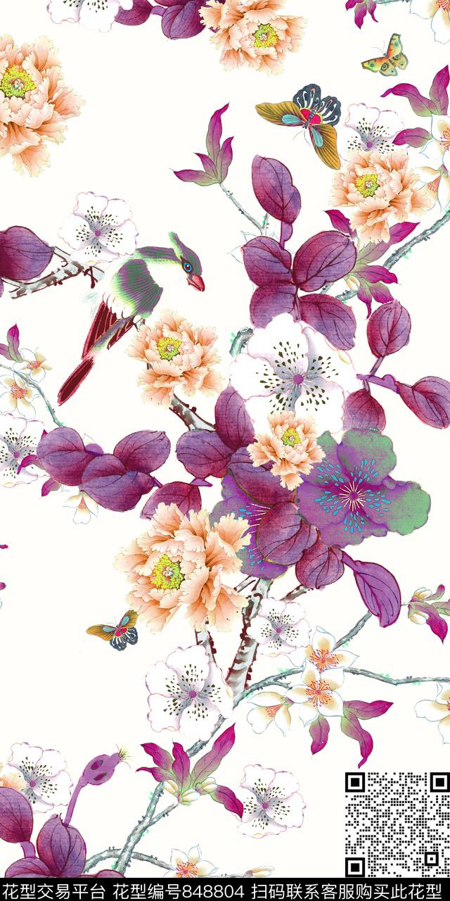 工笔花鸟蝴蝶花卉数码印花华亿平台下载（图片编号: 848804） - 瓦栏（Walan）