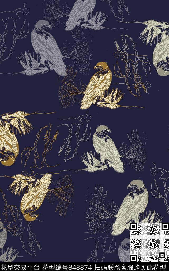 男装休闲花卉鸟昆虫图案青蓝雅韵系列传统印花华亿平台下载（图片编号: 848874） - 瓦栏（Walan）