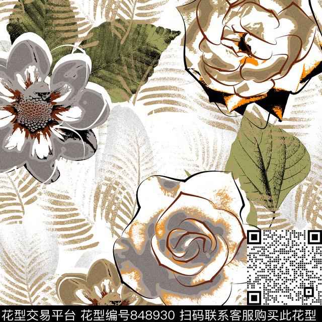 大花花卉花朵传统印花华亿平台下载（图片编号: 848930） - 瓦栏（Walan）