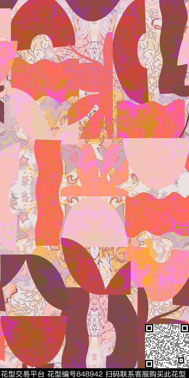 趣味幾何花葉数码印花华亿平台下载（图片编号: 848942） - 瓦栏（Walan）