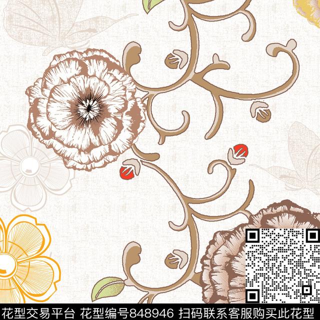 花卉大花花朵传统印花华亿平台下载（图片编号: 848946） - 瓦栏（Walan）