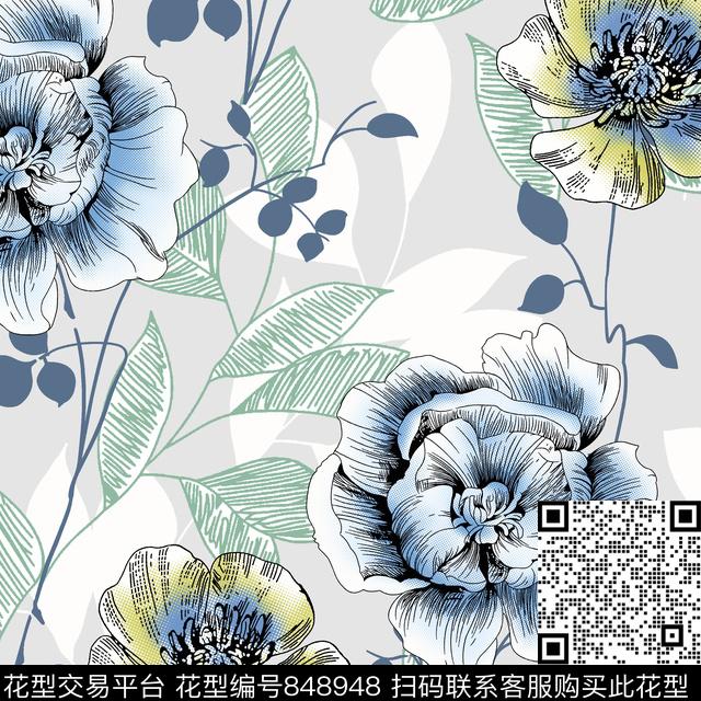 花卉大花花朵传统印花华亿平台下载（图片编号: 848948） - 瓦栏（Walan）