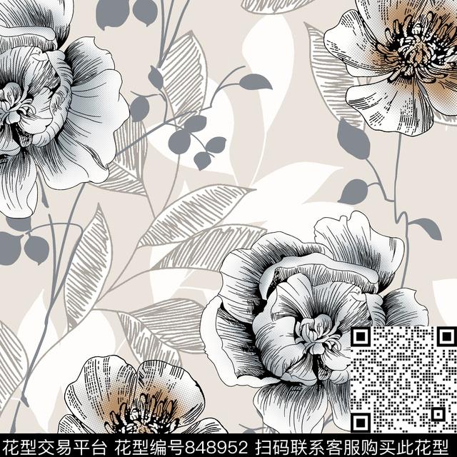 牡丹花朵花卉传统印花华亿平台下载（图片编号: 848952） - 瓦栏（Walan）