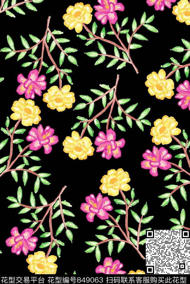 女装手绘水彩花卉小花数码印花华亿平台下载（图片编号: 849063） - 瓦栏（Walan）