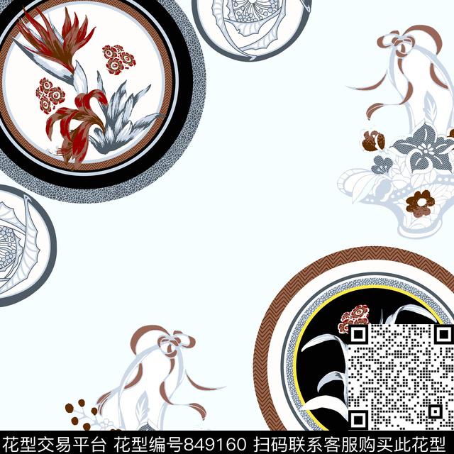 圆形中国风几何数码印花华亿平台下载（图片编号: 849160） - 瓦栏（Walan）