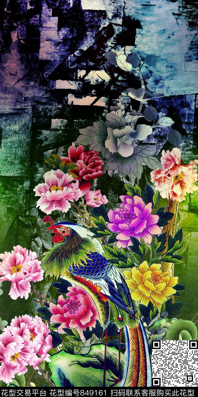 中国风鸟牡丹数码印花华亿平台下载（图片编号: 849161） - 瓦栏（Walan）