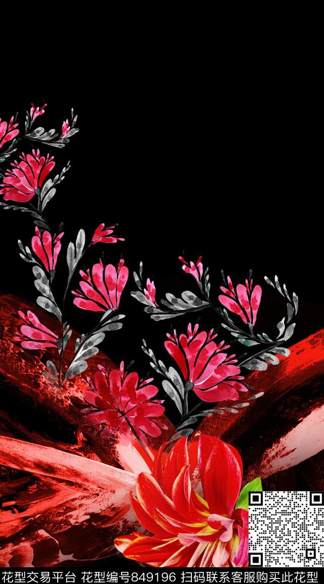花朵花卉笔触数码印花华亿平台下载（图片编号: 849196） - 瓦栏（Walan）