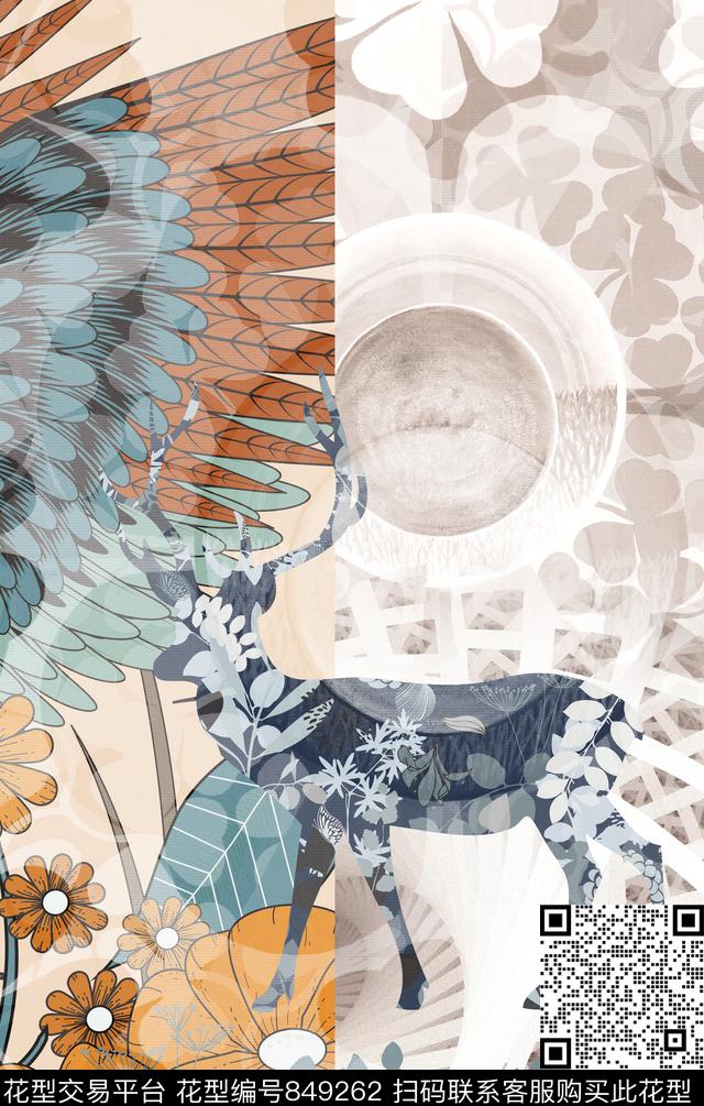 花卉民族风水彩数码印花华亿平台下载（图片编号: 849262） - 瓦栏（Walan）