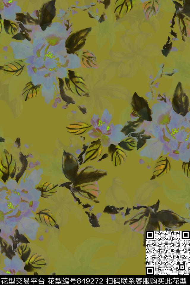 水墨中国风花卉数码印花华亿平台下载（图片编号: 849272） - 瓦栏（Walan）