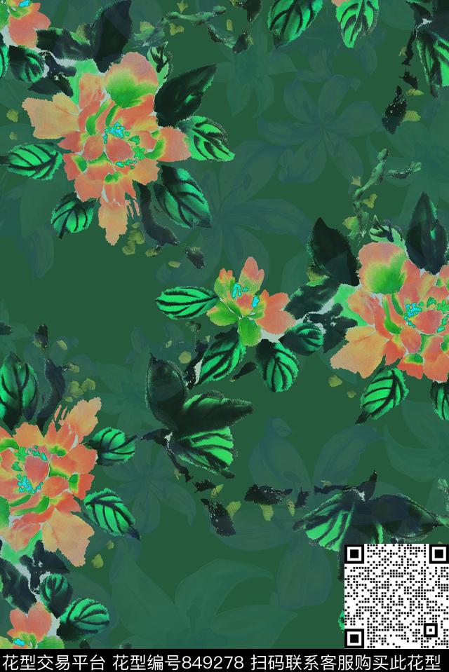水墨中国风花卉数码印花华亿平台下载（图片编号: 849278） - 瓦栏（Walan）