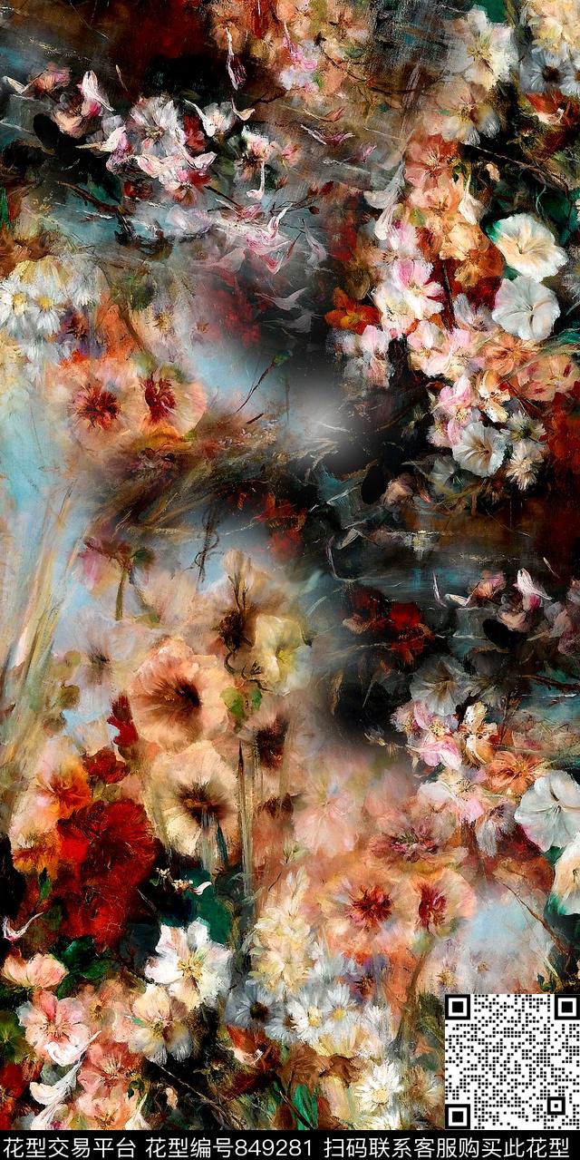 树皮笔刷花卉数码印花华亿平台下载（图片编号: 849281） - 瓦栏（Walan）