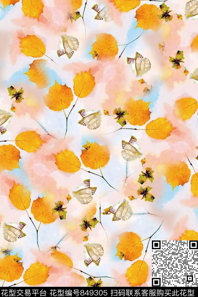 秋叶黄叶蝴蝶数码印花华亿平台下载（图片编号: 849305） - 瓦栏（Walan）