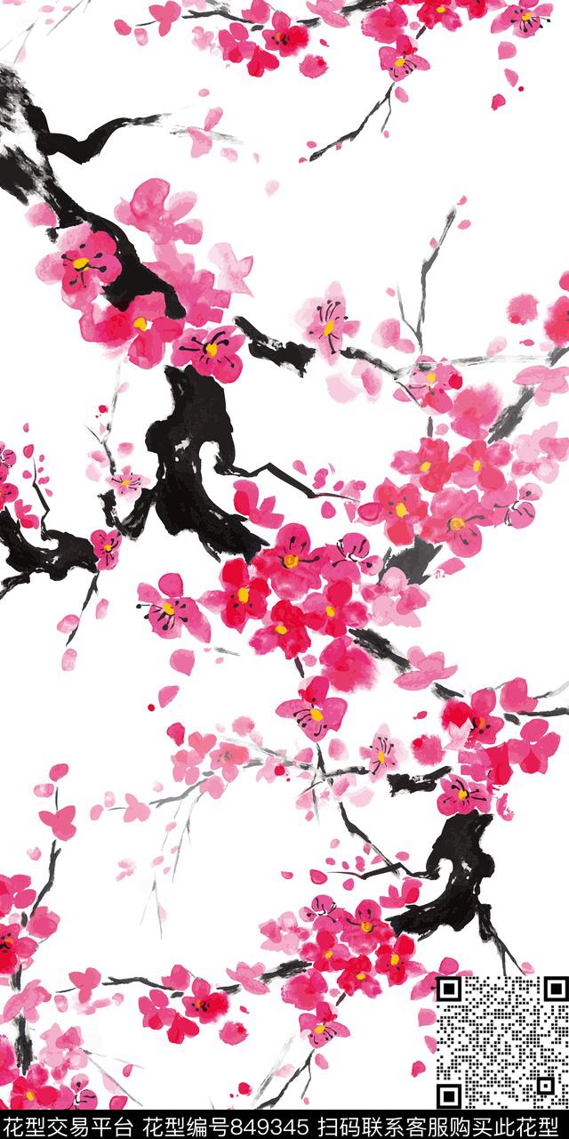 艺术花卉水墨印花梅花传统印花华亿平台下载（图片编号: 849345） - 瓦栏（Walan）