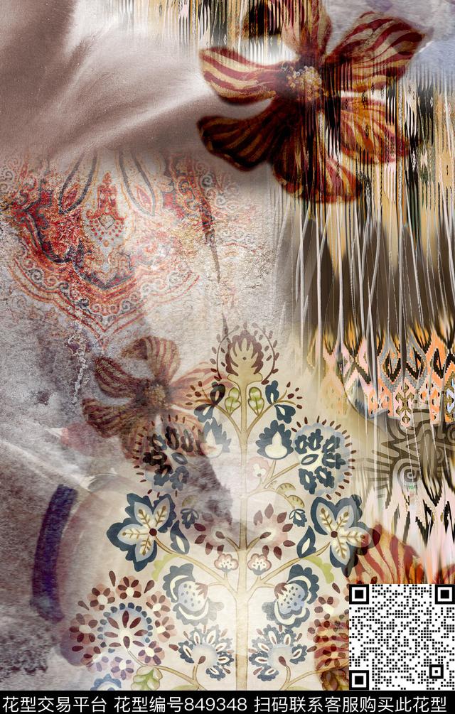 波西米亚花卉水彩数码印花华亿平台下载（图片编号: 849348） - 瓦栏（Walan）