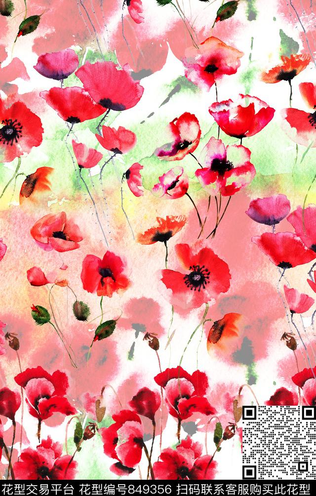 水彩肌理罂粟花数码印花华亿平台下载（图片编号: 849356） - 瓦栏（Walan）