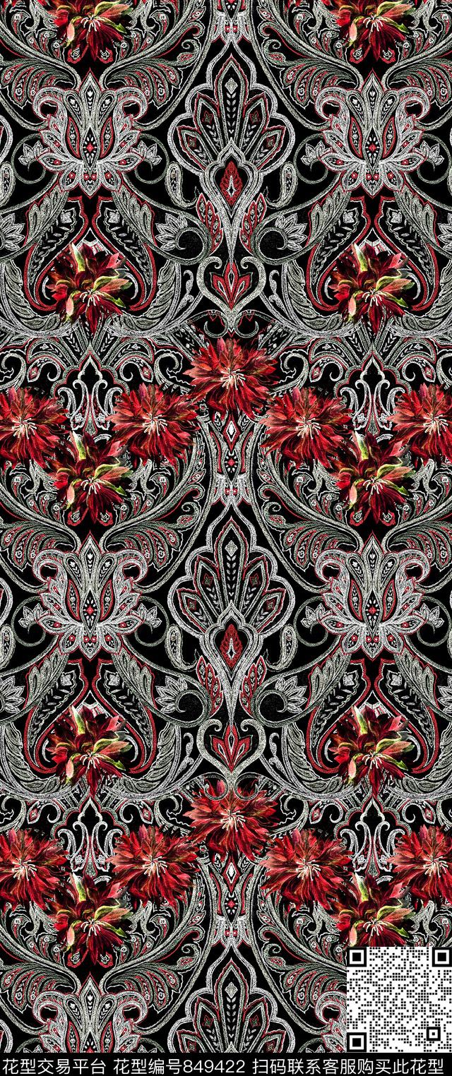 佩斯利线描花卉数码印花华亿平台下载（图片编号: 849422） - 瓦栏（Walan）