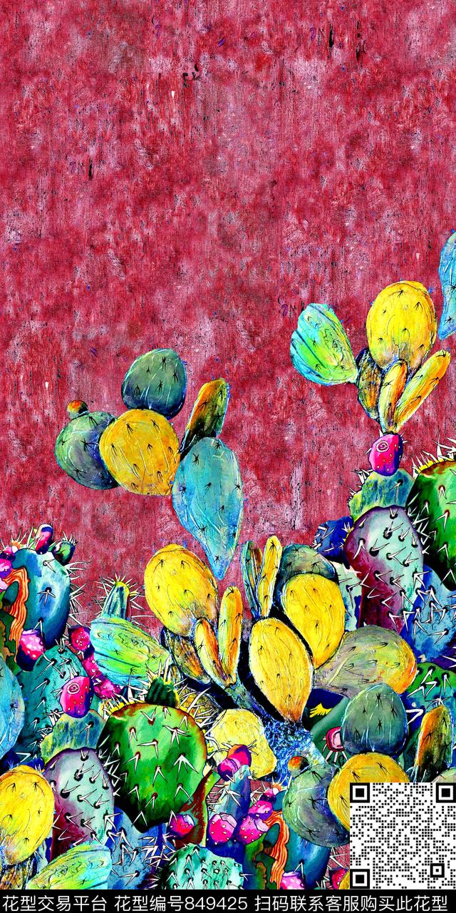 热带风仙人掌沙漠植物数码印花华亿平台下载（图片编号: 849425） - 瓦栏（Walan）