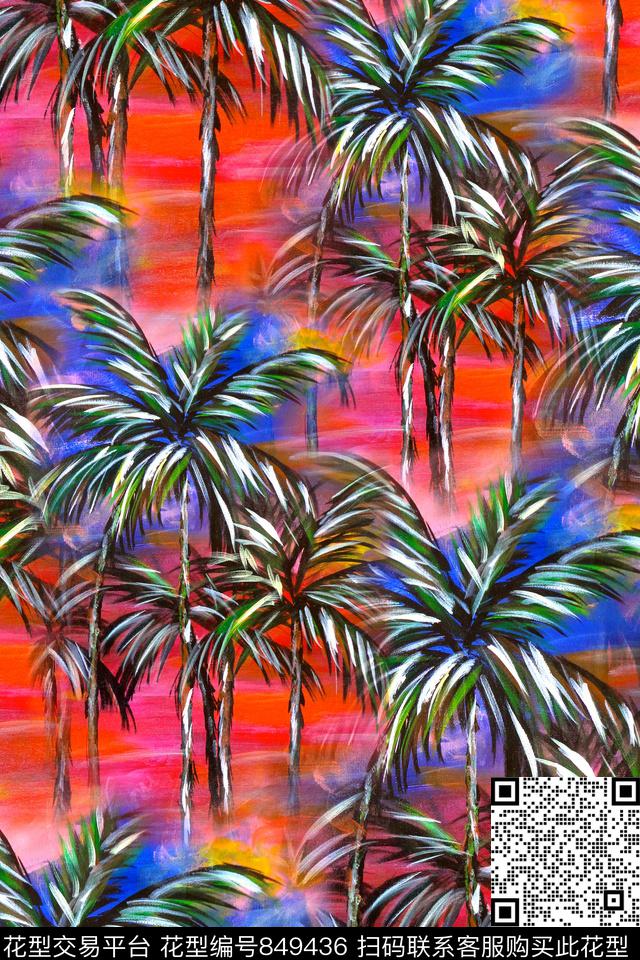棕榈树油画热带风数码印花华亿平台下载（图片编号: 849436） - 瓦栏（Walan）