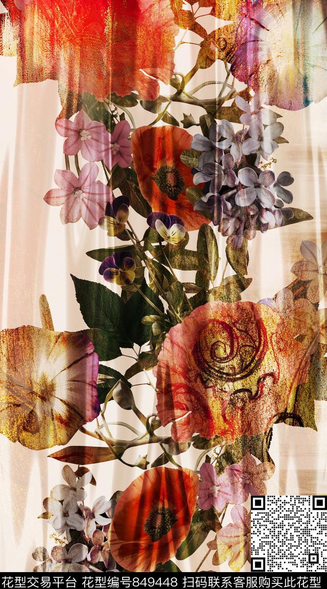 花卉渐变水彩数码印花华亿平台下载（图片编号: 849448） - 瓦栏（Walan）