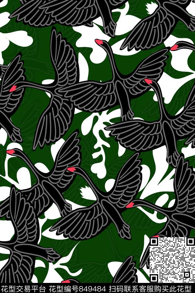 天鹅黑天鹅白叶子传统印花华亿平台下载（图片编号: 849484） - 瓦栏（Walan）