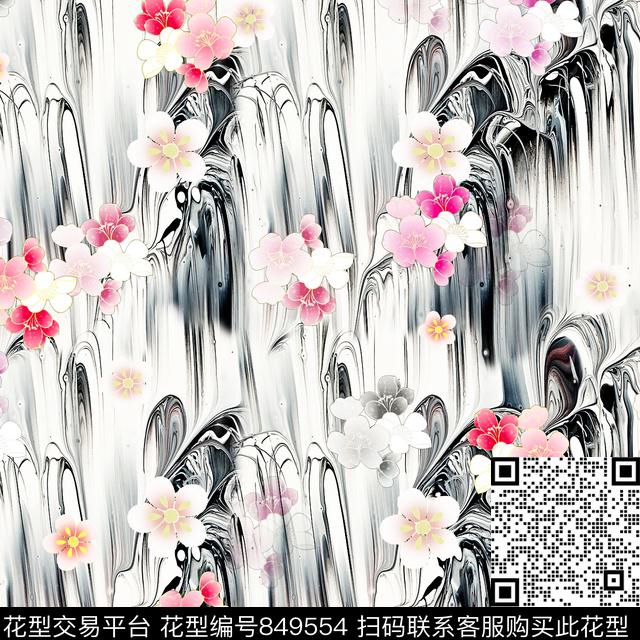 手绘花卉水墨意境数码印花华亿平台下载（图片编号: 849554） - 瓦栏（Walan）