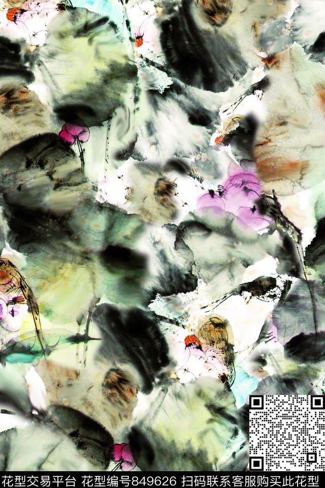 国画花中国风荷花数码印花华亿平台下载（图片编号: 849626） - 瓦栏（Walan）