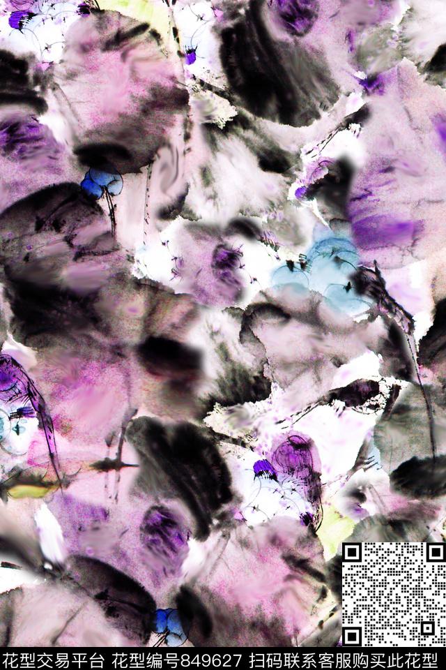 国画花中国风荷花数码印花华亿平台下载（图片编号: 849627） - 瓦栏（Walan）