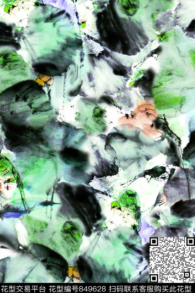 国画花中国风荷花数码印花华亿平台下载（图片编号: 849628） - 瓦栏（Walan）