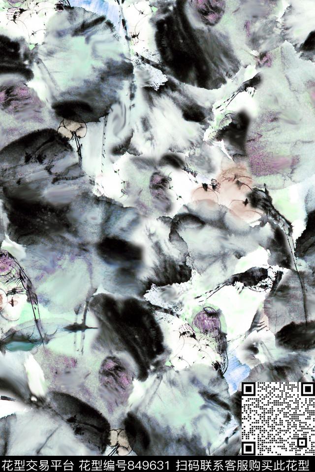国画花中国风荷花数码印花华亿平台下载（图片编号: 849631） - 瓦栏（Walan）