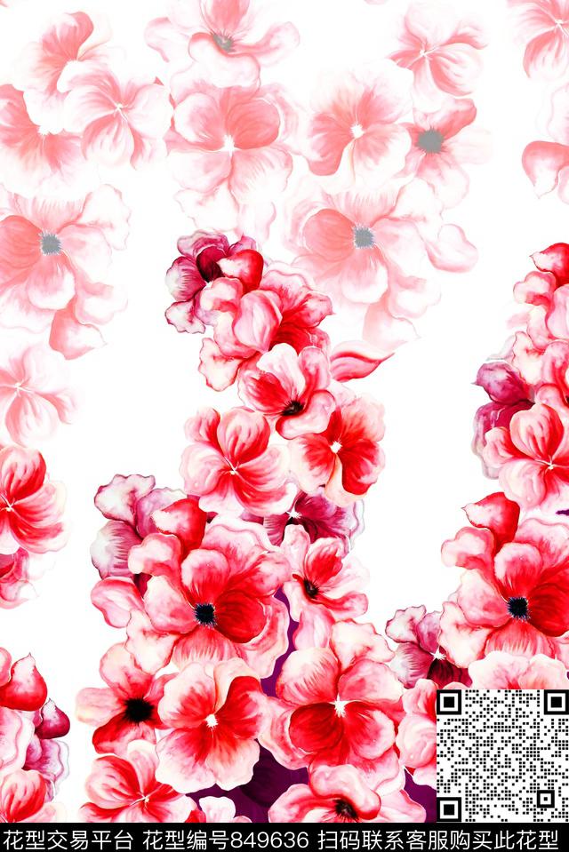 手绘花卉红色花单边花数码印花华亿平台下载（图片编号: 849636） - 瓦栏（Walan）