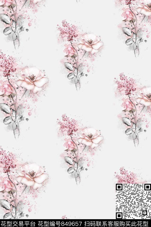 清新手绘花水彩花卉面料花循环回味数码印花华亿平台下载（图片编号: 849657） - 瓦栏（Walan）