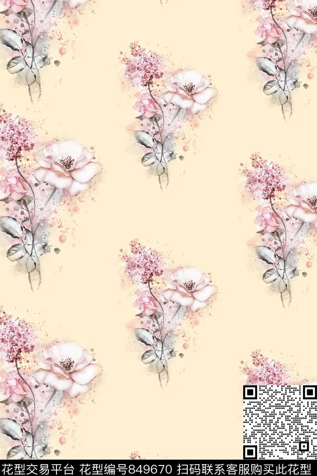 清新手绘花水彩花卉面料花循环回味数码印花华亿平台下载（图片编号: 849670） - 瓦栏（Walan）