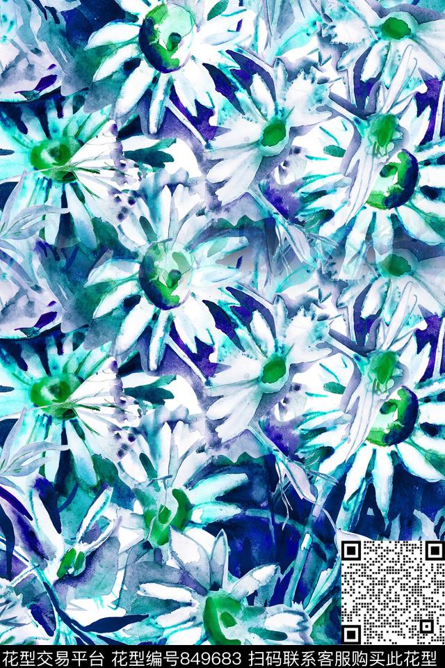 水彩菊花手绘数码印花华亿平台下载（图片编号: 849683） - 瓦栏（Walan）