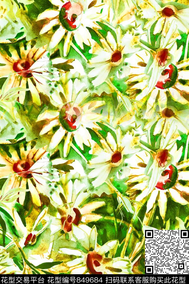 水彩菊花手绘数码印花华亿平台下载（图片编号: 849684） - 瓦栏（Walan）