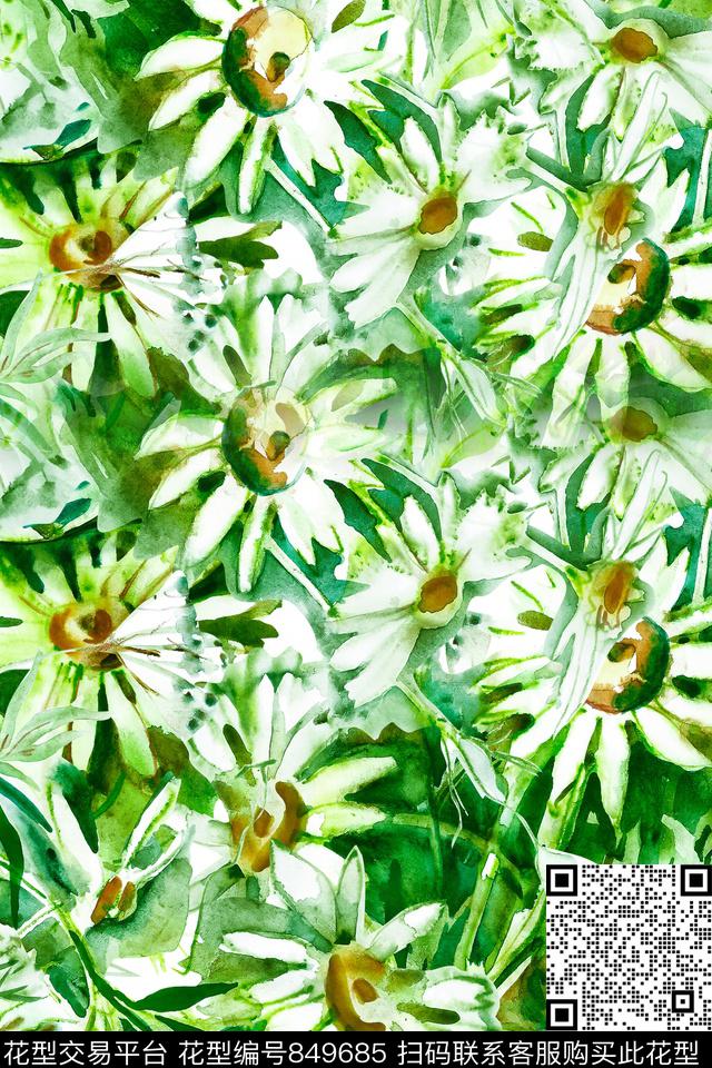 水彩菊花手绘数码印花华亿平台下载（图片编号: 849685） - 瓦栏（Walan）
