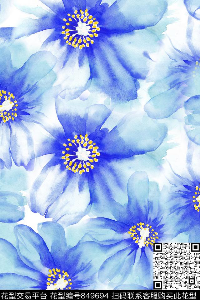 水彩手绘清爽底花卉数码印花华亿平台下载（图片编号: 849694） - 瓦栏（Walan）