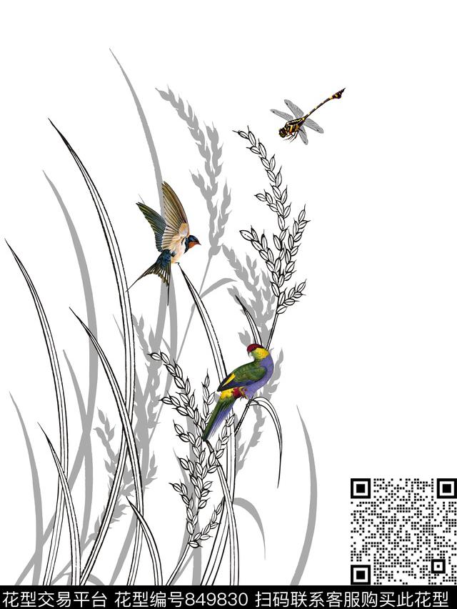 花卉鸟欧式数码印花华亿平台下载（图片编号: 849830） - 瓦栏（Walan）