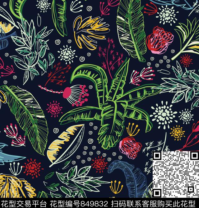 热带花热带树叶线条轮廓传统印花华亿平台下载（图片编号: 849832） - 瓦栏（Walan）