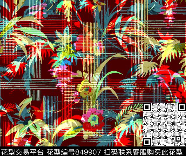 苏格兰格格子花卉数码印花华亿平台下载（图片编号: 849907） - 瓦栏（Walan）