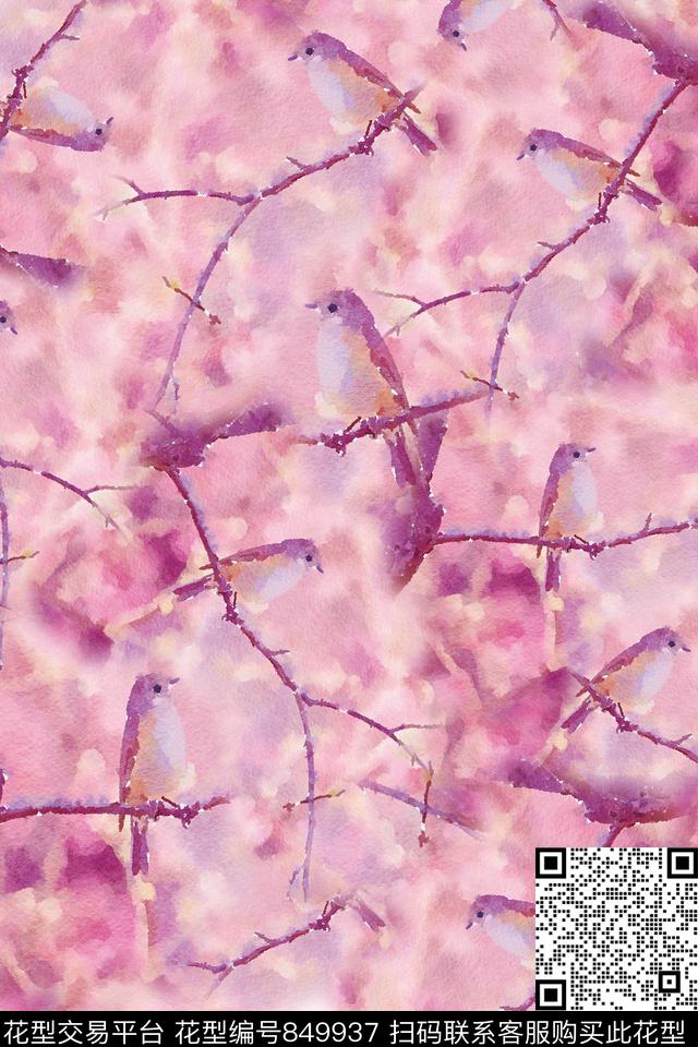 鸟手绘浪漫紫数码印花华亿平台下载（图片编号: 849937） - 瓦栏（Walan）